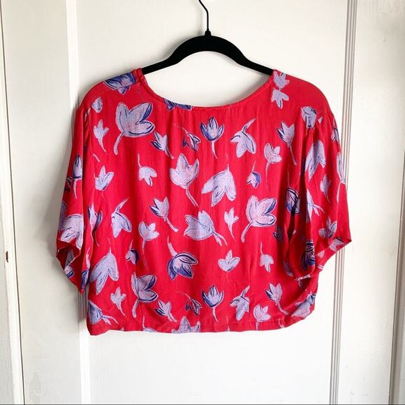 Vintage Cropped Top Blouse 1990s One Button Open Front Overlay Top Floral Red S - Picture 3 of 7